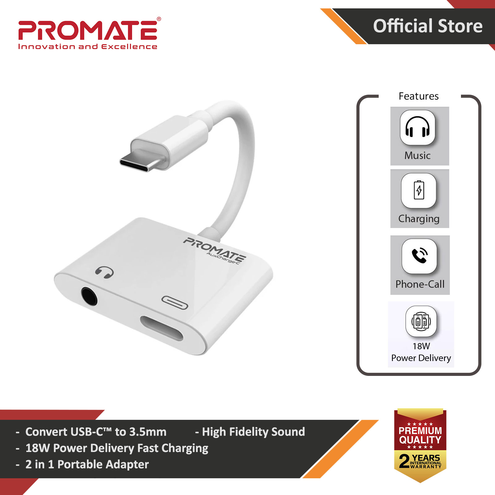 Promate USB-C adapter 2-In-1 USB Type-C to 3.5 mm Headphone Jack with 18W 3A USB-C Power Delivery and Sync Charger Connector for Pixel 2/2XL/3/3XL iPad Pro 2018 MacBook Pro Galaxy S23 Ultra