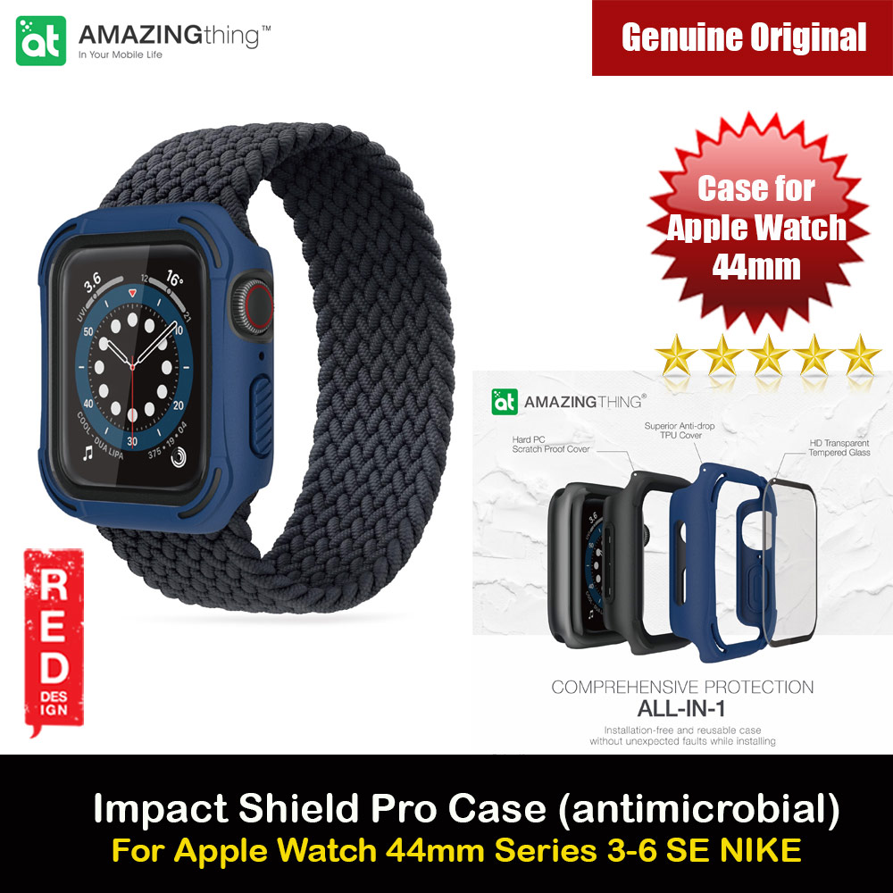 Amazingthing Impact Shield Pro (antimicrobial) Drop Proof Case with Front Built in Tempered Glass Screen Protector for Apple Watch 44mm Series 4 5 6 SE (Blue)