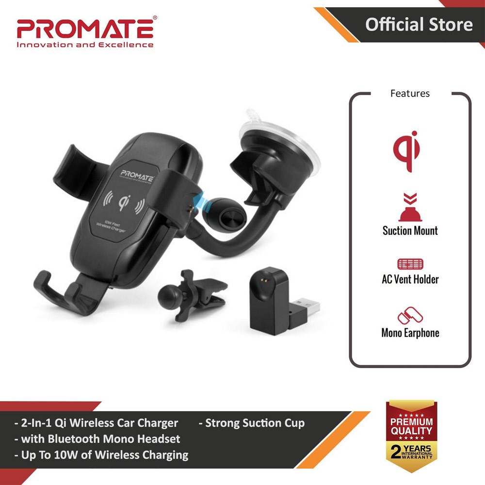 Promate Wireless Car Charger Mount Qi Certified Air Vent and Gooseneck Suction Mount Wireless Charging Holder with Mono Bluetooth Headset Mic 360 Degree Swivel Head and 5W/7.5W/10W Qi Fast Charging for iPhone 11 12 13 Pro max S23 Ultra AuraMount-BT