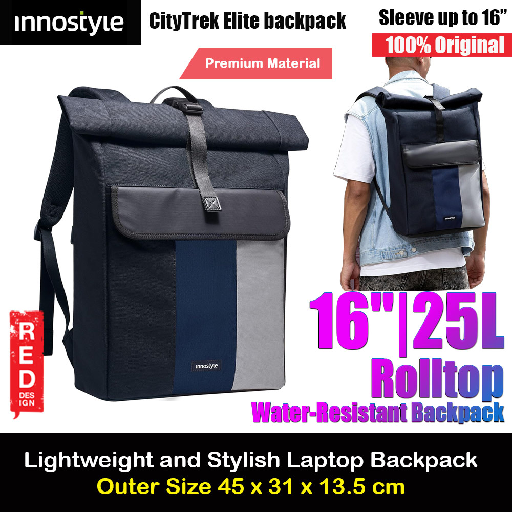 Innostyle CityTreck Elite Rolltop Expandable Large Capacity Lightweight Travel Backpack for Men Women up to 16 inches 25L (Blue)