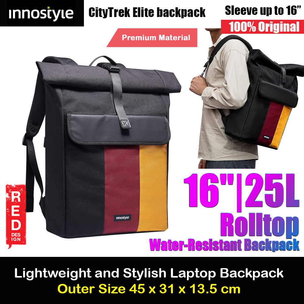 Innostyle CityTreck Elite Rolltop Expandable Large Capacity Lightweight Travel Backpack for Men Women up to 16 inches 25L (Black Red Yellow)