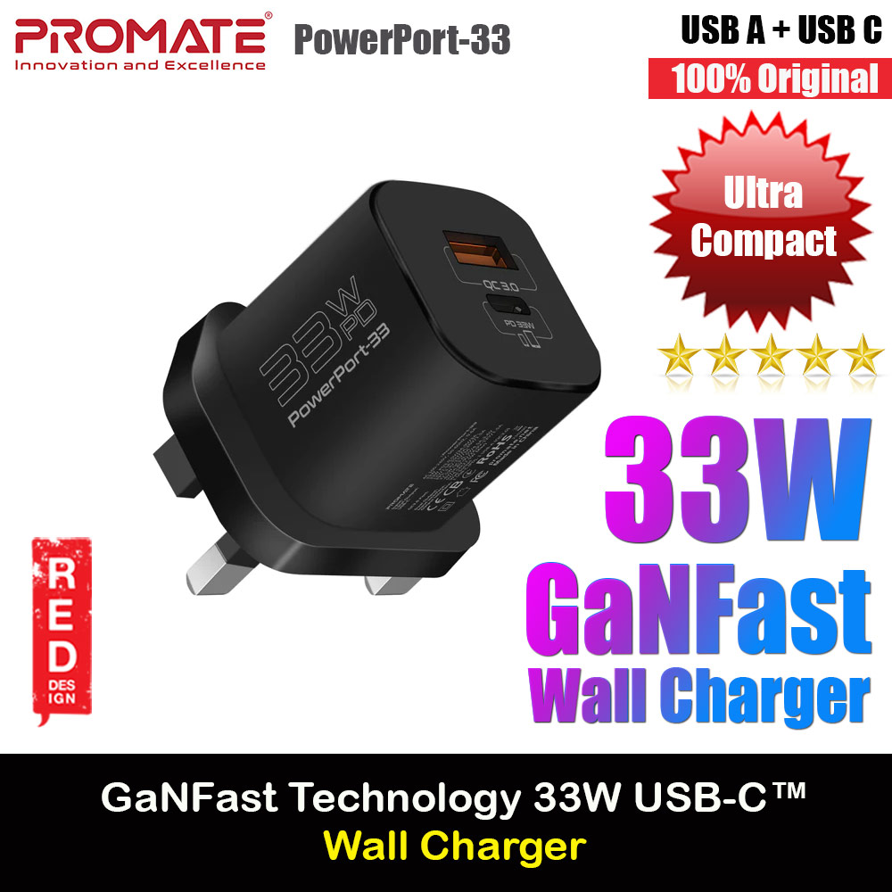 Promate Ultra-Compact GaNFast™ 33W USB-C™ Power Delivery Fast Charging Wall Charger with Fast 22.5W QC 3.0 Charging Port PowerPort-33 (Black)