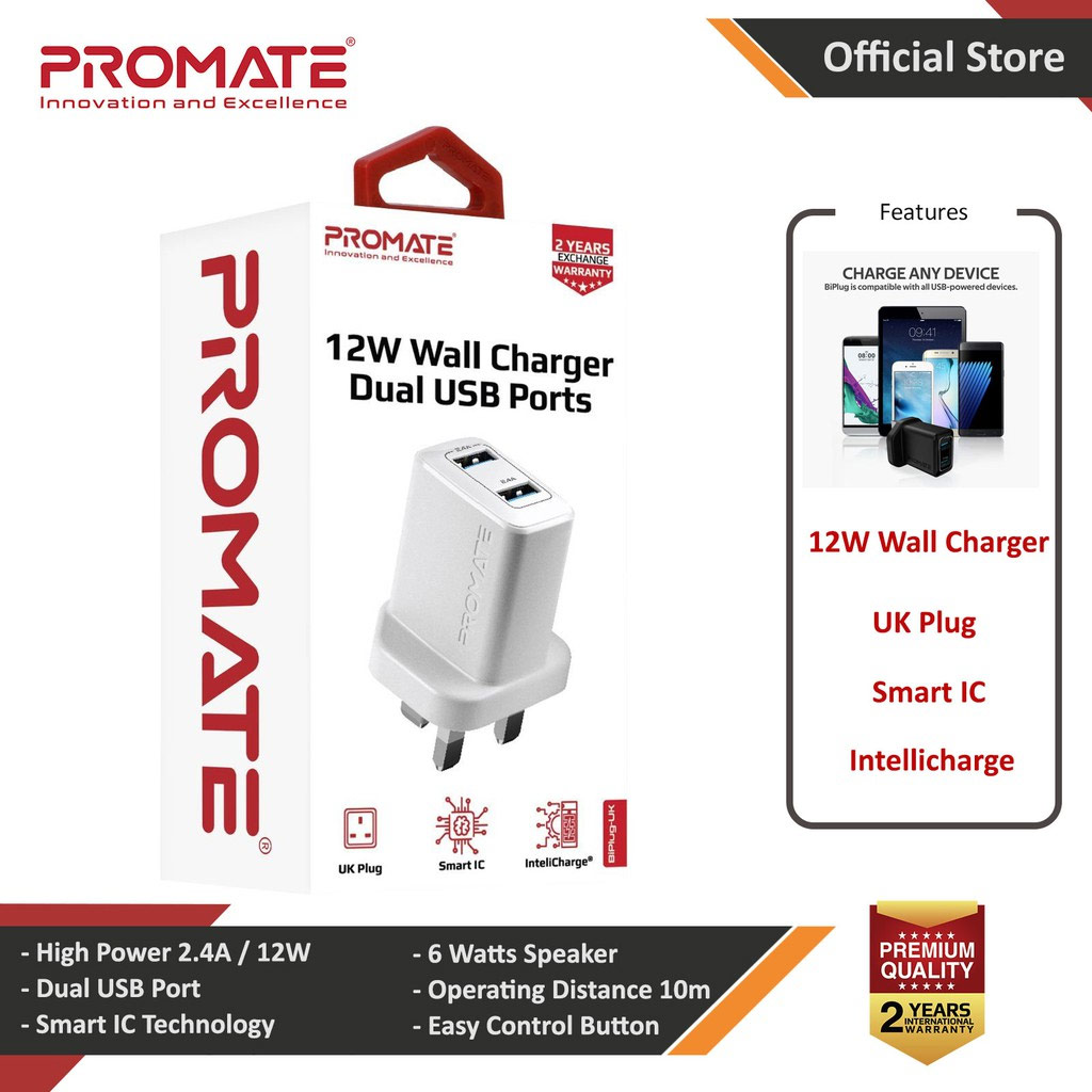 Promate 12W Dual Port Charger 2.4A Fast Charge USB-A Port Compact Design Charger (White)