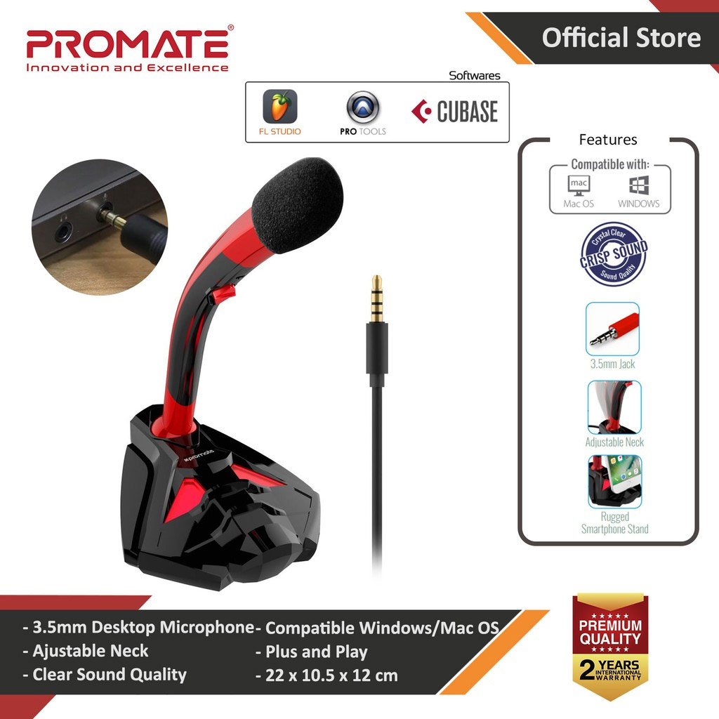 Promate Desktop Microphone Professional Digital 3.5mm Jack Microphone Stand with Adjustable Neck for Laptop PC Gaming Skype Audio Recording Tweeter-4 (Red)