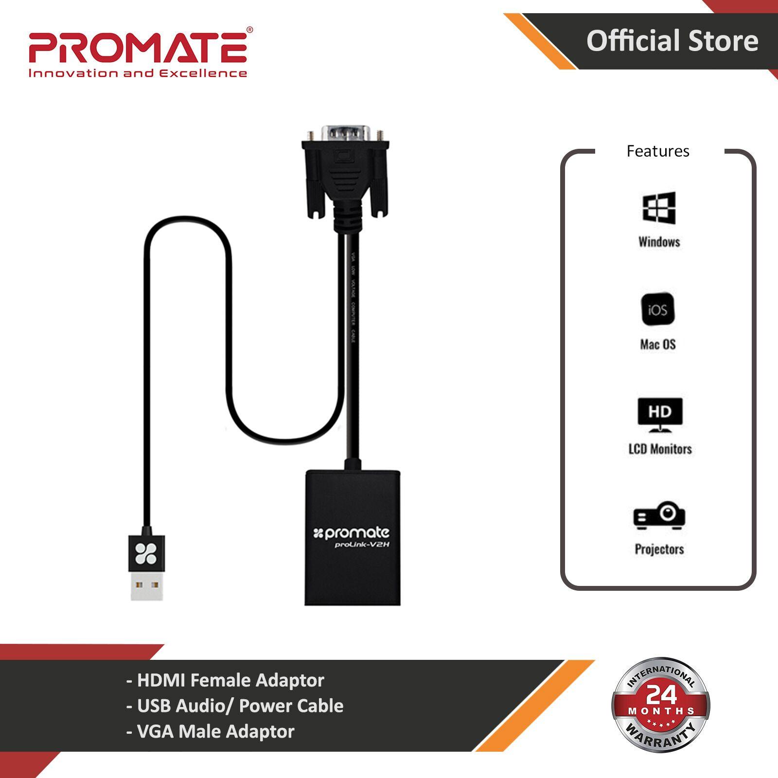 Promate VGA to HDMI Adapter Video Cable Converter Adapter Kit Plug and Play with Audio Support