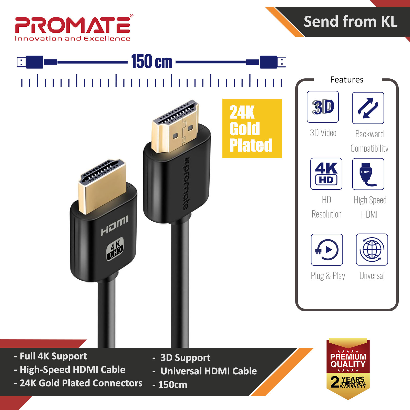 Promate 4K HDMI Cable High-Speed 1.5 Meter HDMI Cable with 24K Gold Plated Connector and Ethernet 3D Video Support for HDTV Projectors Computers LED TV and Game consoles 150cm ProLink4K2-150