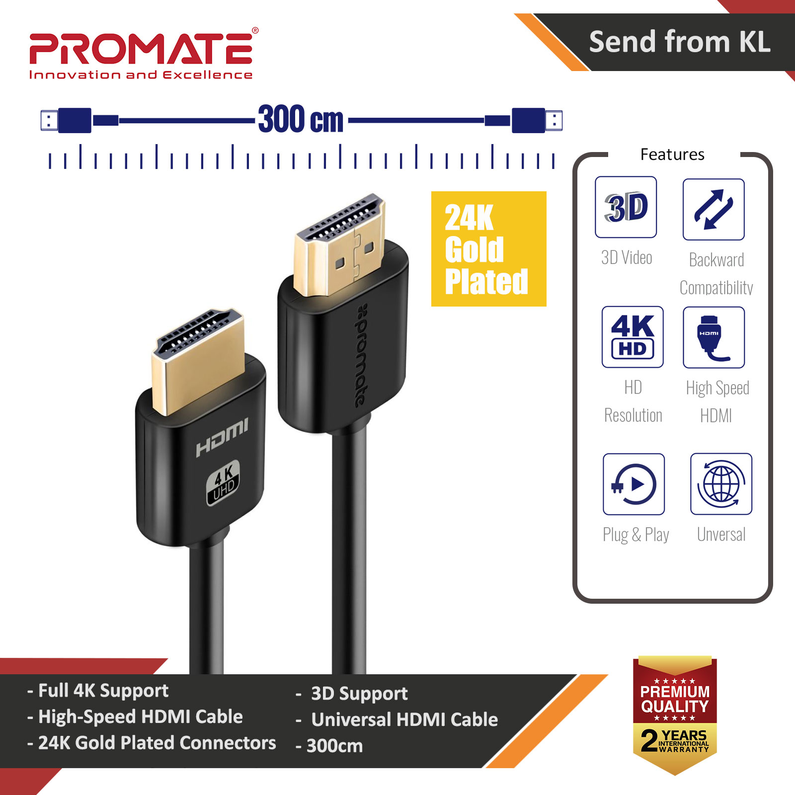 Promate 4K HDMI Cable High-Speed 3 Meter HDMI Cable with 24K Gold Plated Connector and Ethernet 3D Video Support for HDTV Projectors Computers LED TV and Game consoles 300cm ProLink4K2-300