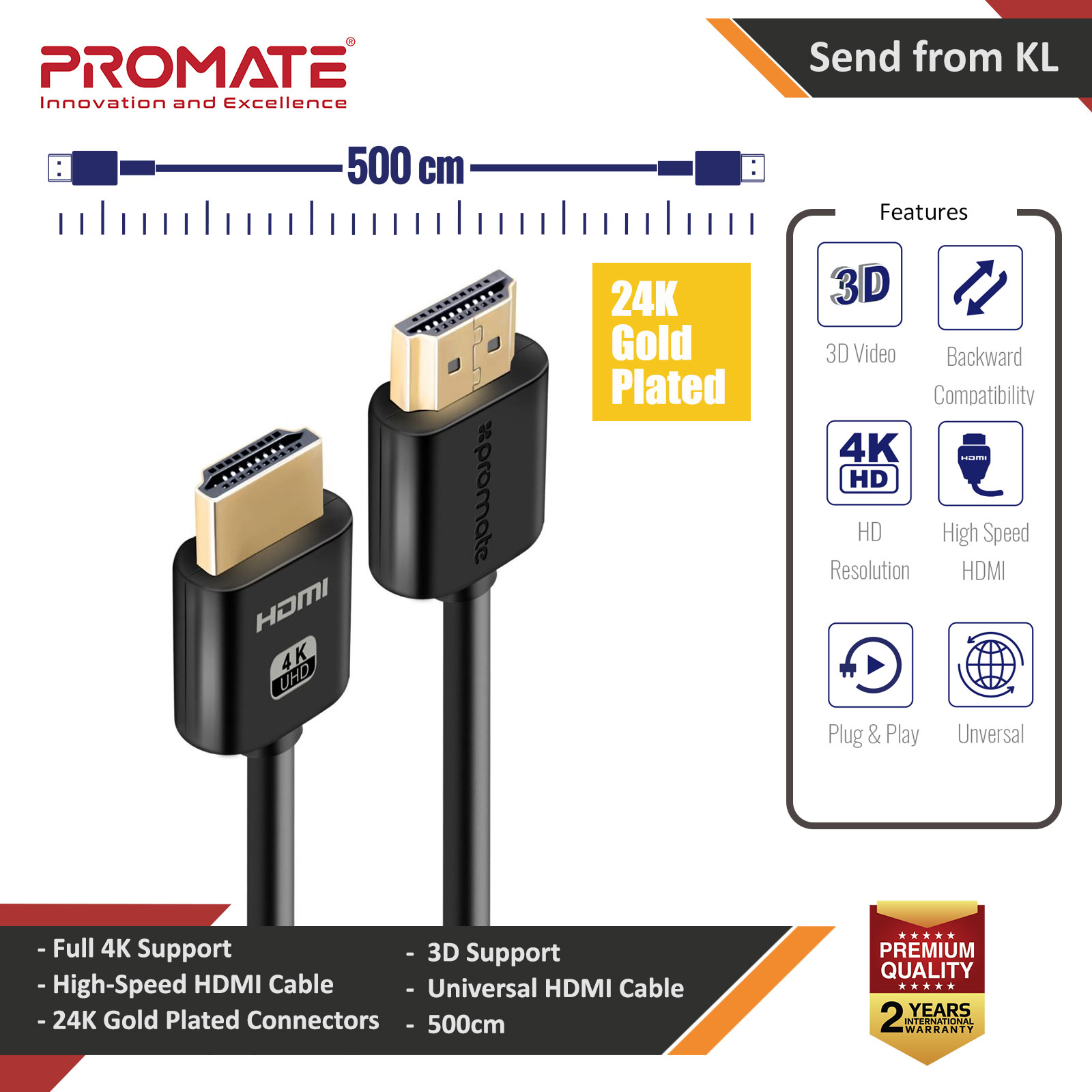 Promate 4K HDMI Cable High-Speed 5 Meter HDMI Cable with 24K Gold Plated Connector and Ethernet 3D Video Support for HDTV Projectors Computers LED TV and Game consoles 500cm ProLink4K2-500