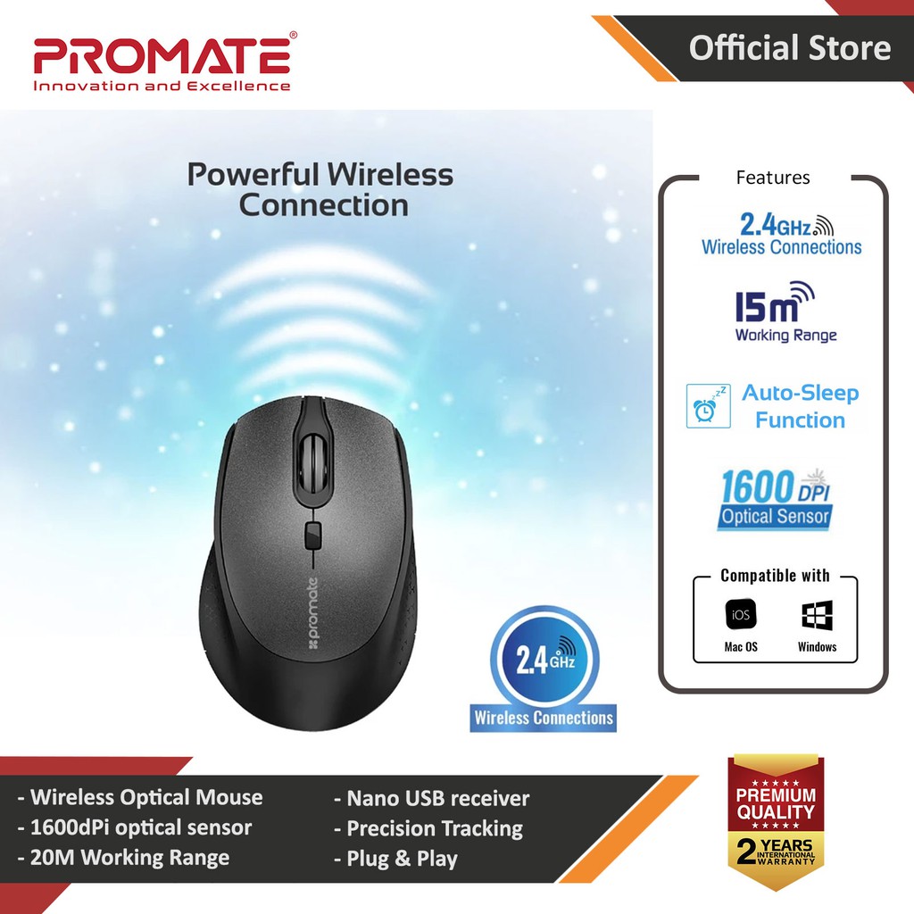 Promate Wireless Mouse Lightweight 2.4Ghz Wireless Optical Mouse with USB Nano Receiver for PC Laptop Tablet Mac Clix-5