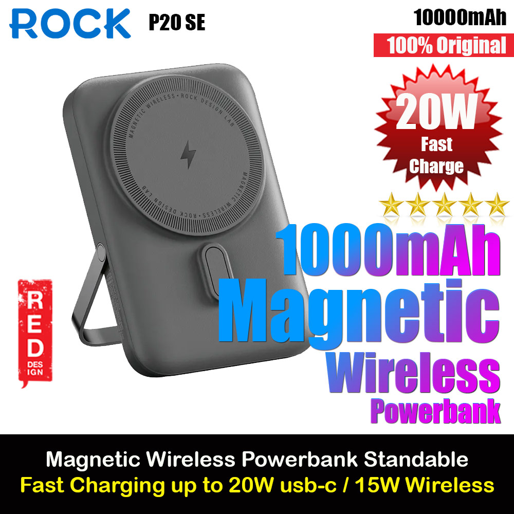 Rock P20 SE PD20W 15W Magnetic Wireless Charging Fast Charge 10000mAh Travel Portable Small Palm Size Compact Mini Power Bank powerbank Stand Holder (Black)