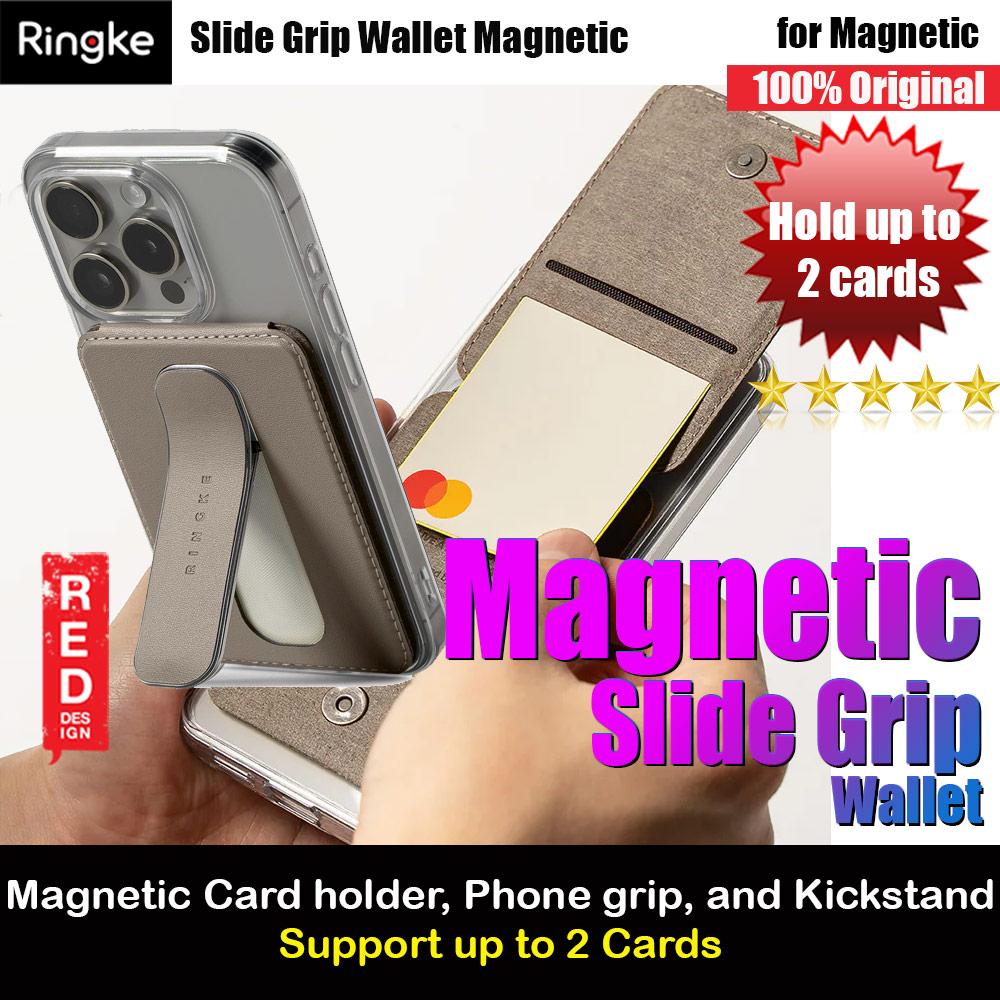 Ringke Slide Grip PU Wallet Magnetic for iPhone 15 iPhone 16 Pro Max Card Holder Phone Stand (Taupe Brown)