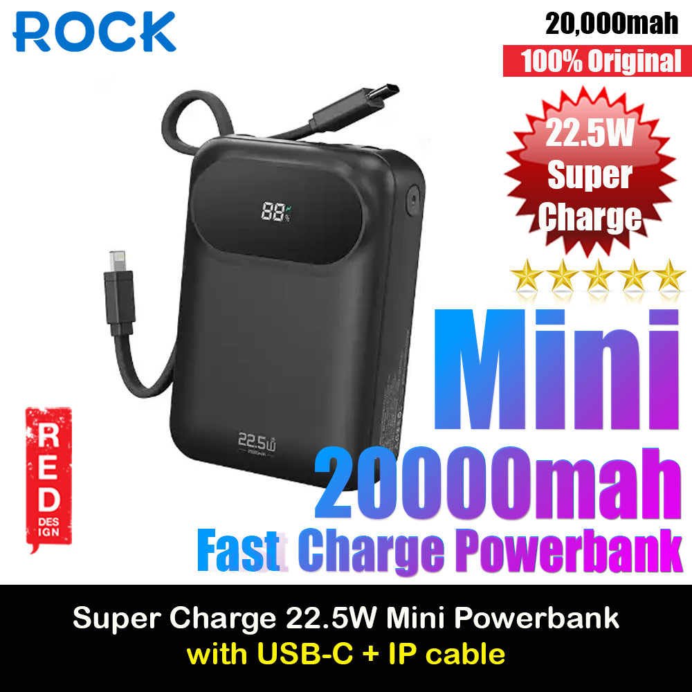 Rock Y11 Mini Compact Size PD 20W 20000mAh Travel Portable Small Palm Size Compact Mini Power Bank powerbank with Multiple Built in Cable USB C USB L (Black)