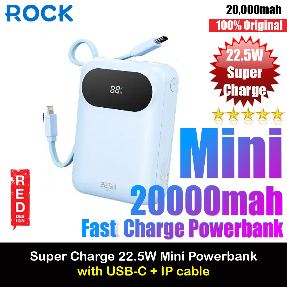 Rock Y11 Mini Compact Size PD 20W 20000mAh Travel Portable Small Palm Size Compact Mini Power Bank powerbank with Multiple Built in Cable USB C USB L (Blue)