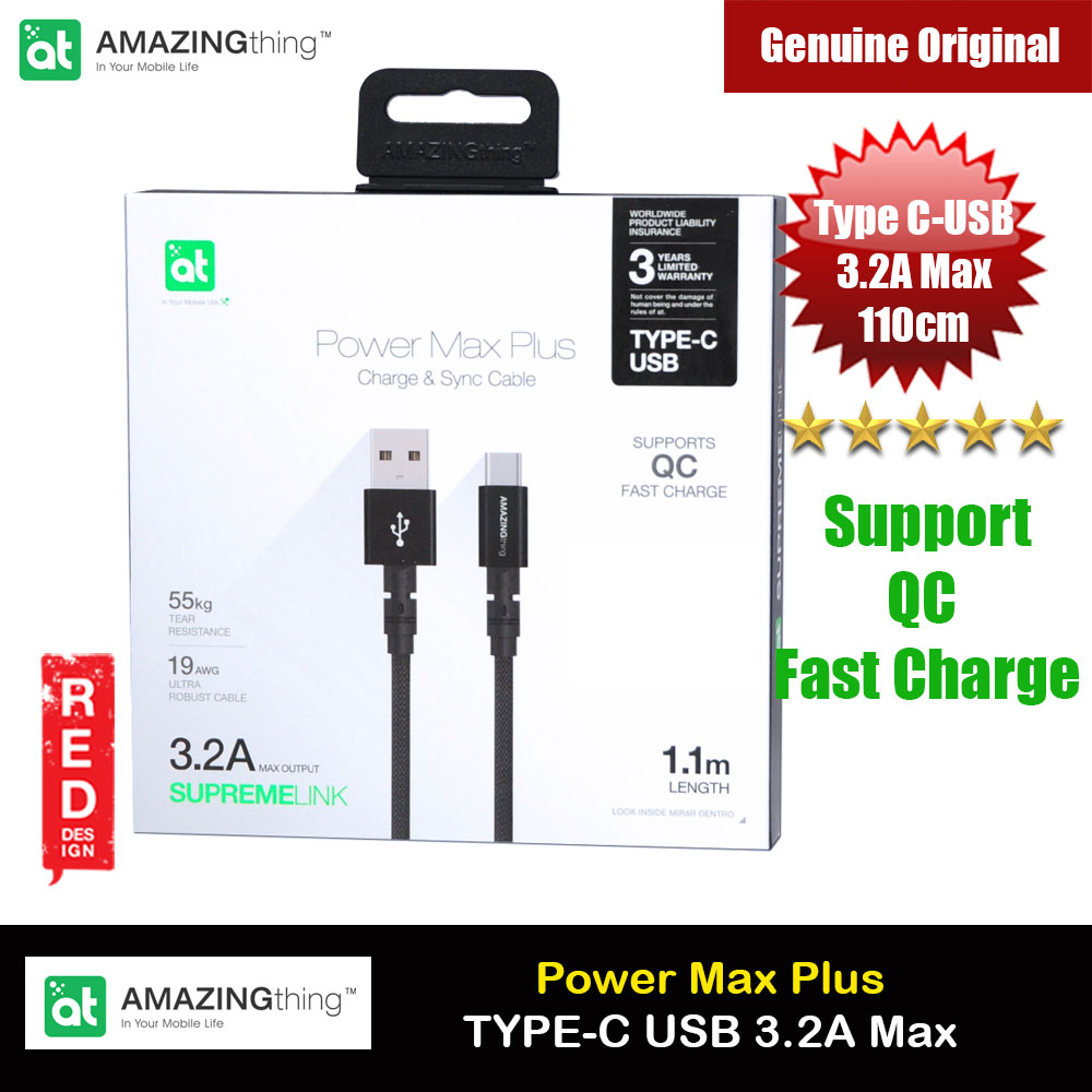 Amazingthing Supremelink Power Max Plus Type-C USB Cable 3.2A Max Support QC Fast Charge with for Huawei Samsung Oppo 110cm (Black)