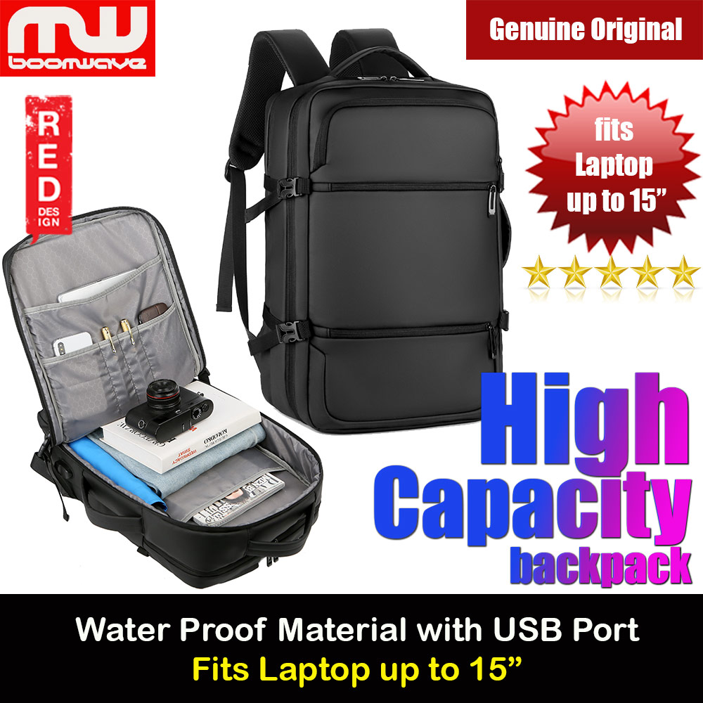 Boomwave Light Series High Capacity Travel Backpack with USB Charging Port for Laptop up to 15" inches (Black)