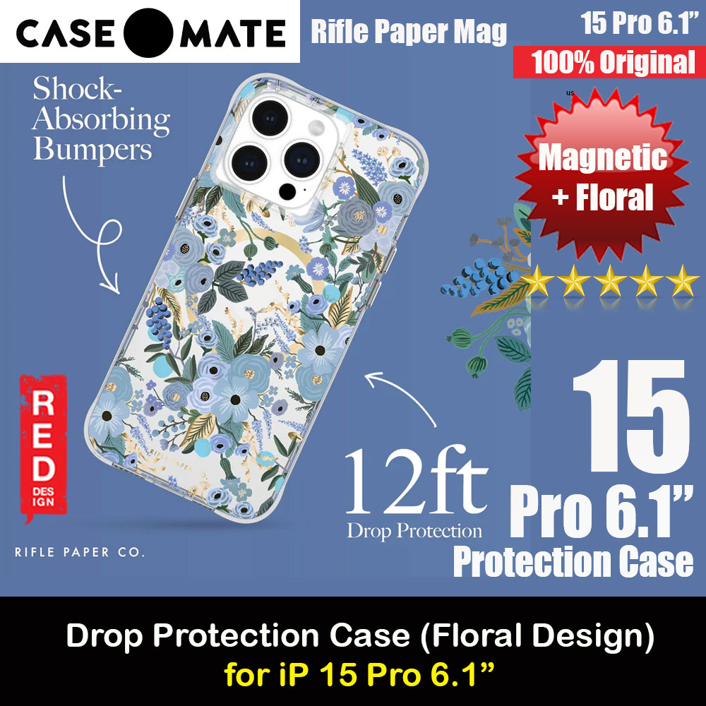 Case Mate Case-Mate Rifle Paper Co Floral Design Drop Protection Case with Magnetic Charging for iPhone 15 Pro 6.1 (Garden Party Blue)