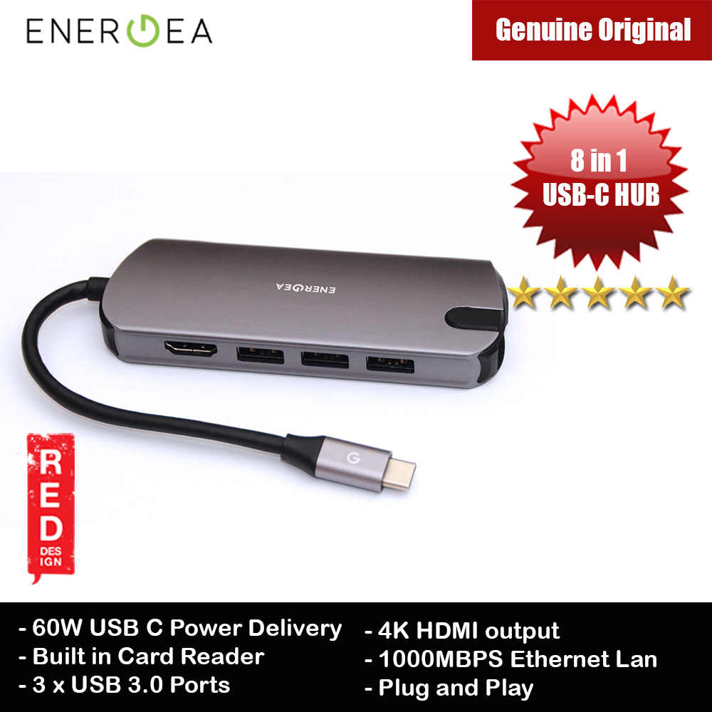 Energea ALUHUB HDPRO 8 in 1 USB-C Hub 8 in 1 Premium Multi Port Aluminium Adapter with 60W Type-C Power Delivery Port  4K HDMI 1000Mbps Ethernet Port 3 USB 3.0 Ports SD Card Reader for MacBook Pro Chromebook