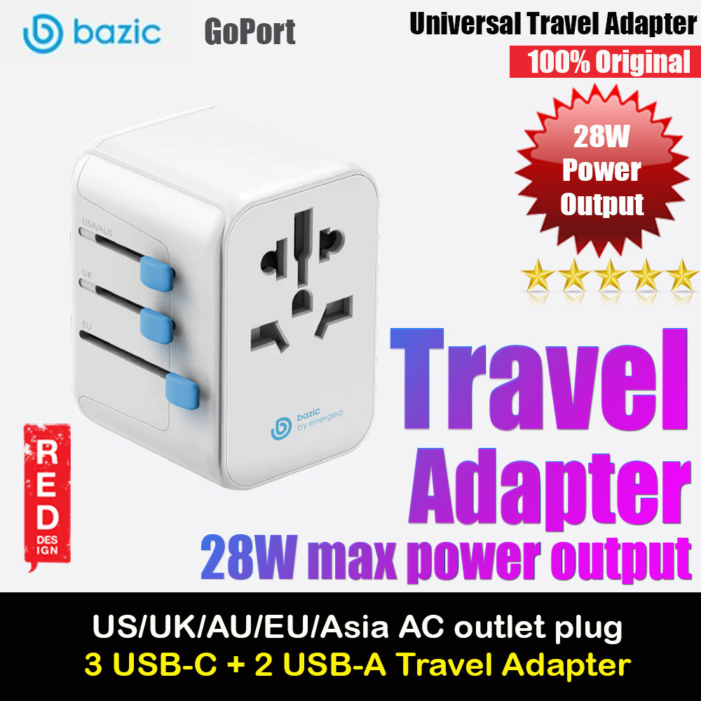 Bazic by Energea GoPort up to 28W 2 USB-A 3 USB-C Port Universal Travel Adapter Wall Charger (White)