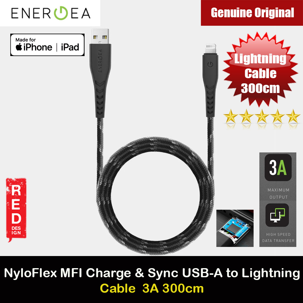 Energea NYLOFLEX MFI 3A Rapid Charge and Sync Lightning Cable for iPhone 12 Pro Max iPhone 11 Pro Max iPad 300CM 3M (Black)
