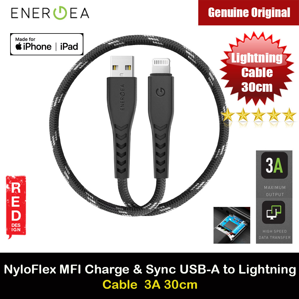 Energea NYLOFLEX MFI 3A Rapid Charge and Sync Lightning Cable for iPhone 12 Pro Max iPhone 11 Pro Max iPad 30CM (Black)