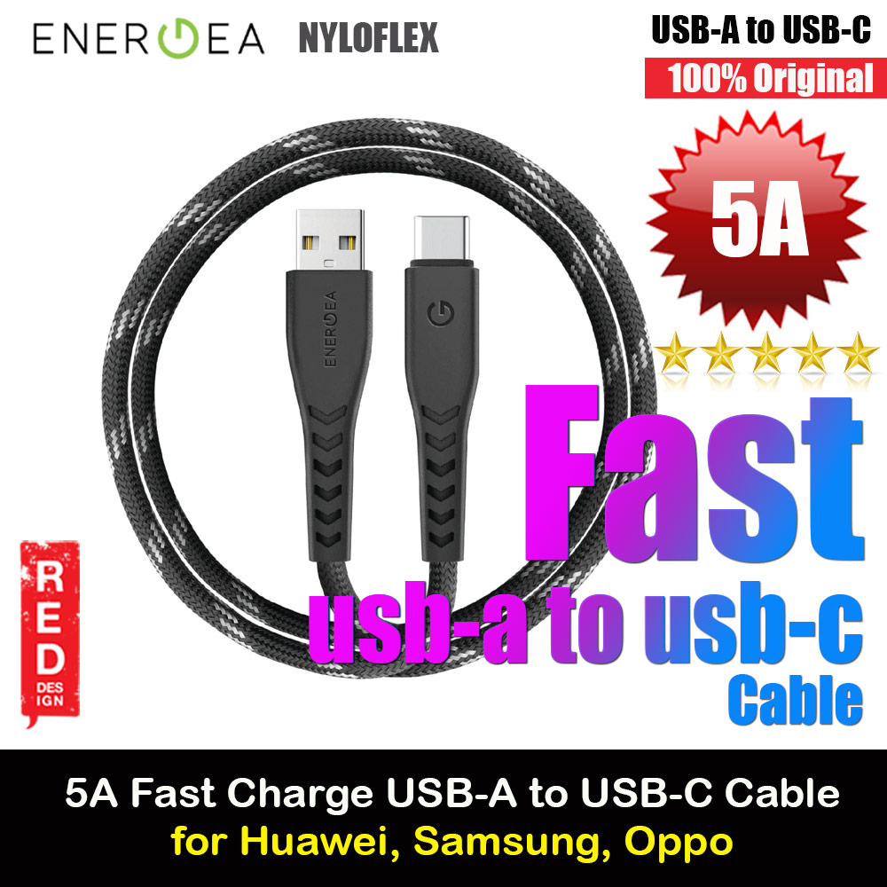 Energea NYLOFLEX 5A Rapid Charge and Sync USB A to USB C Cable Support Support Samsung Adaptive Fast Charge Huawei SCP OPPO VOOC 150CM (Black)