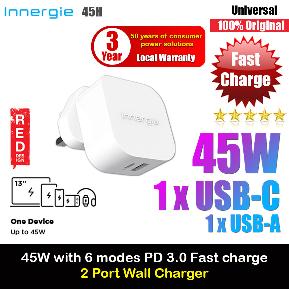 Innergie 45H 45W PD PPS USB-C QC4.0 USB-A Power Delivery Fast Charge Wall Charger UK for Macbook Air 13 iPhone 14 Pro Max Airpods Apple Watch S23 Ultra iPad Pro (White)