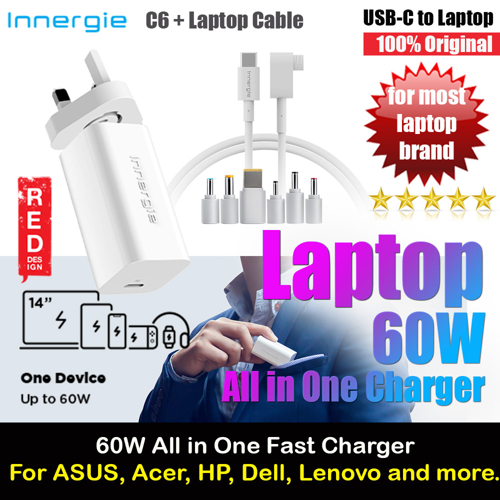 Innergie C6 60W PD PPS USB-C Power Delivery Fast Charge Small Compact Mini Wall Charger UK with Cable TIP for Asus HP Lenovo Dell Acer Laptop Notebook