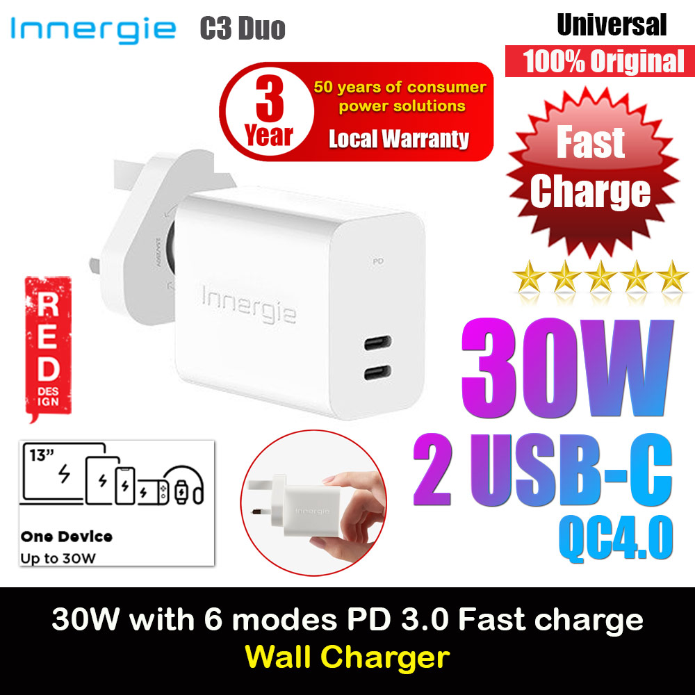 Innergie C3 Duo Mini Compact Size 30W PD PPS 2 USB-C QC4.0 Power Delivery Fast Charge Wall Charger UK for Macbook Air 13 iPhone 14 Pro Max Airpods Apple Watch S23 Ultra iPad Pro (White)