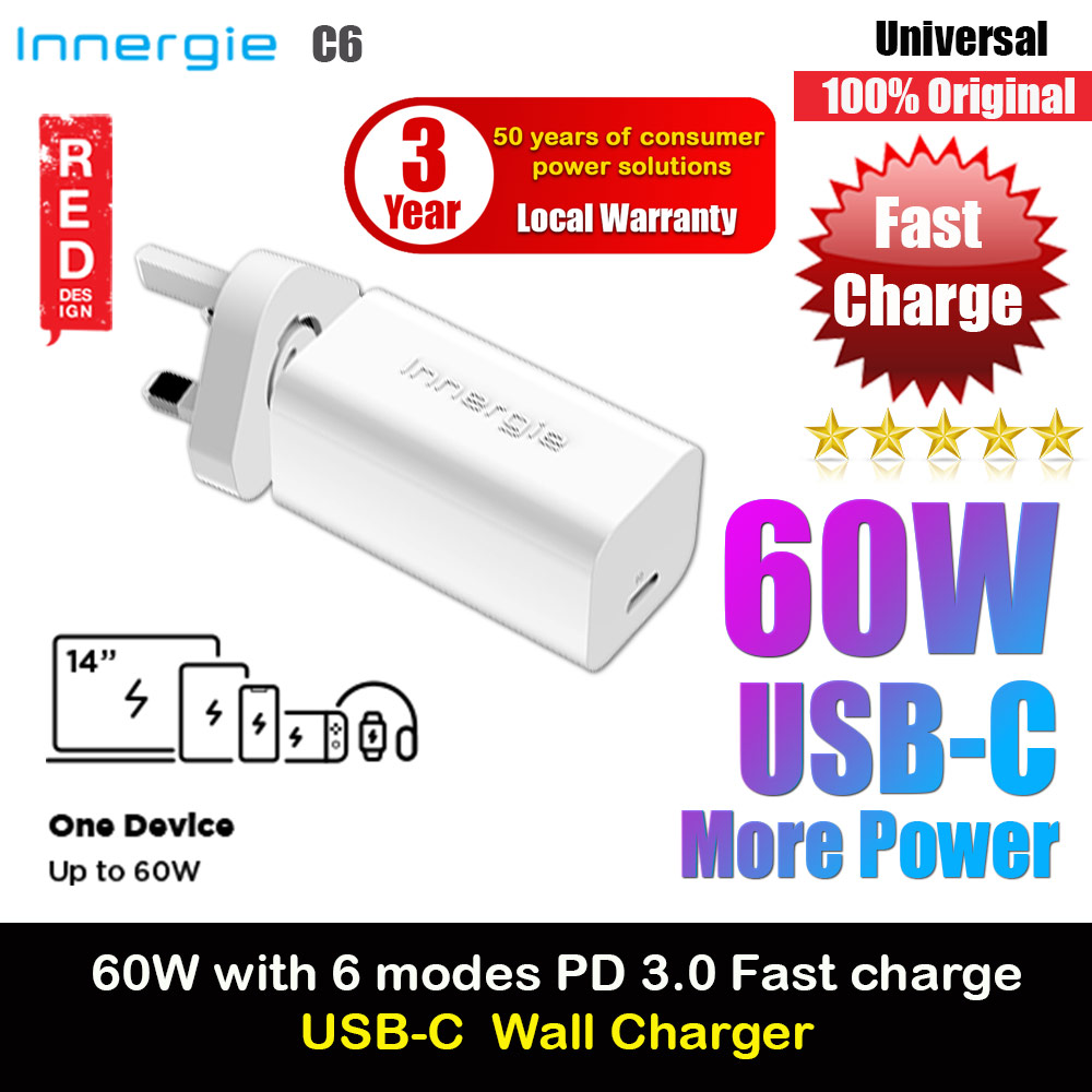 Innergie C6 60W PD PPS USB-C Power Delivery Fast Charge Small Compact Mini Wall Charger UK for Macbook Air 13 iPhone 14 Pro Max Airpods Apple Watch S23 Ultra iPad Pro (White)