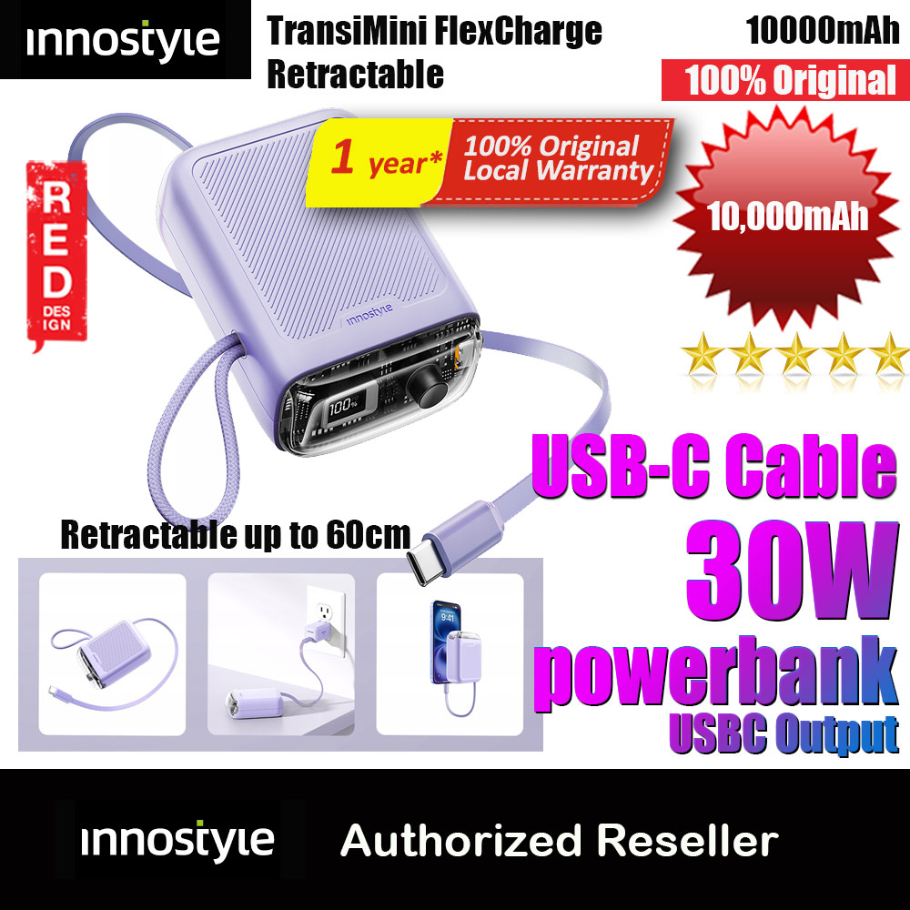 Innostyle CCC 3C Certified Power Bank TransiMini FlexCharge Retractable 30W 10000mAh 60cm USB-C Small Mini Compact Size Power Bank with Cable (Lavender)