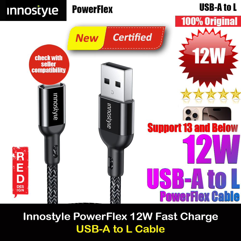Innostyle MFI Certified PowerFlex 12W Fast Charging Data Cable USB-A to Lightning 150cm (Black)