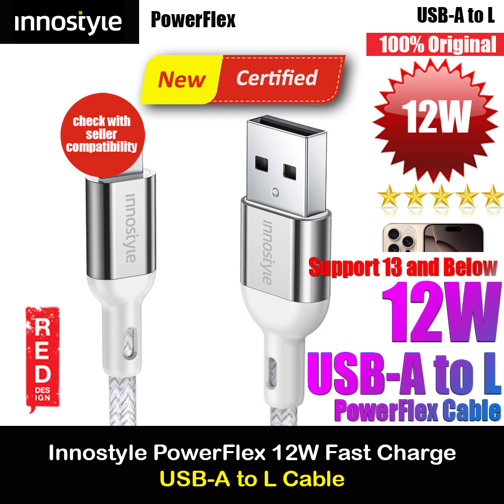 Innostyle MFI Certified PowerFlex 12W Fast Charging Data Cable USB-A to Lightning 150cm (Silver)