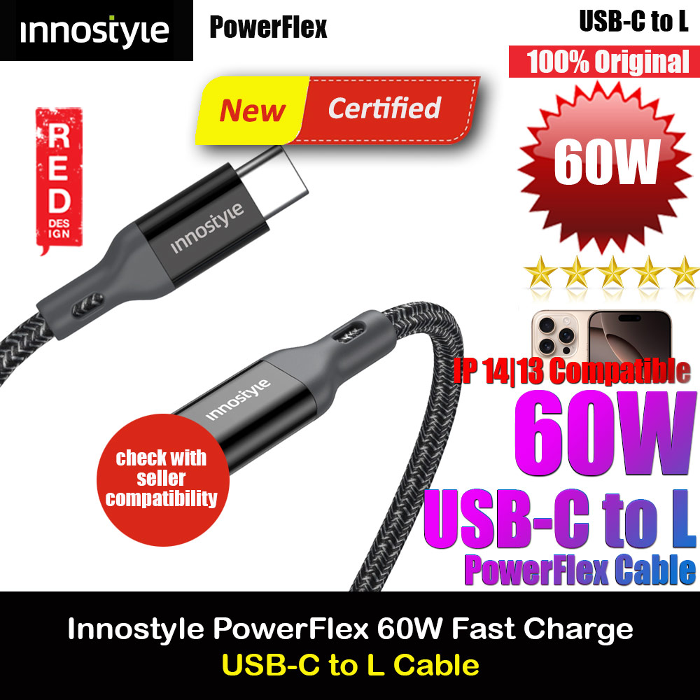 Innostyle MFI Certified PowerFlex 60W Fast Charging Data Cable USB-C to Lightning 150cm (Black)