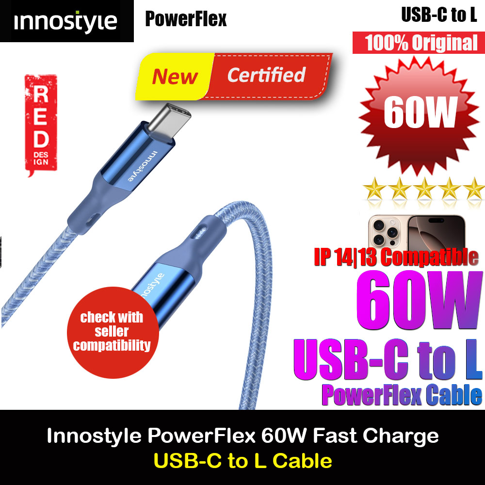 Innostyle MFI Certified PowerFlex 60W Fast Charging Data Cable USB-C to Lightning 150cm (Blue)