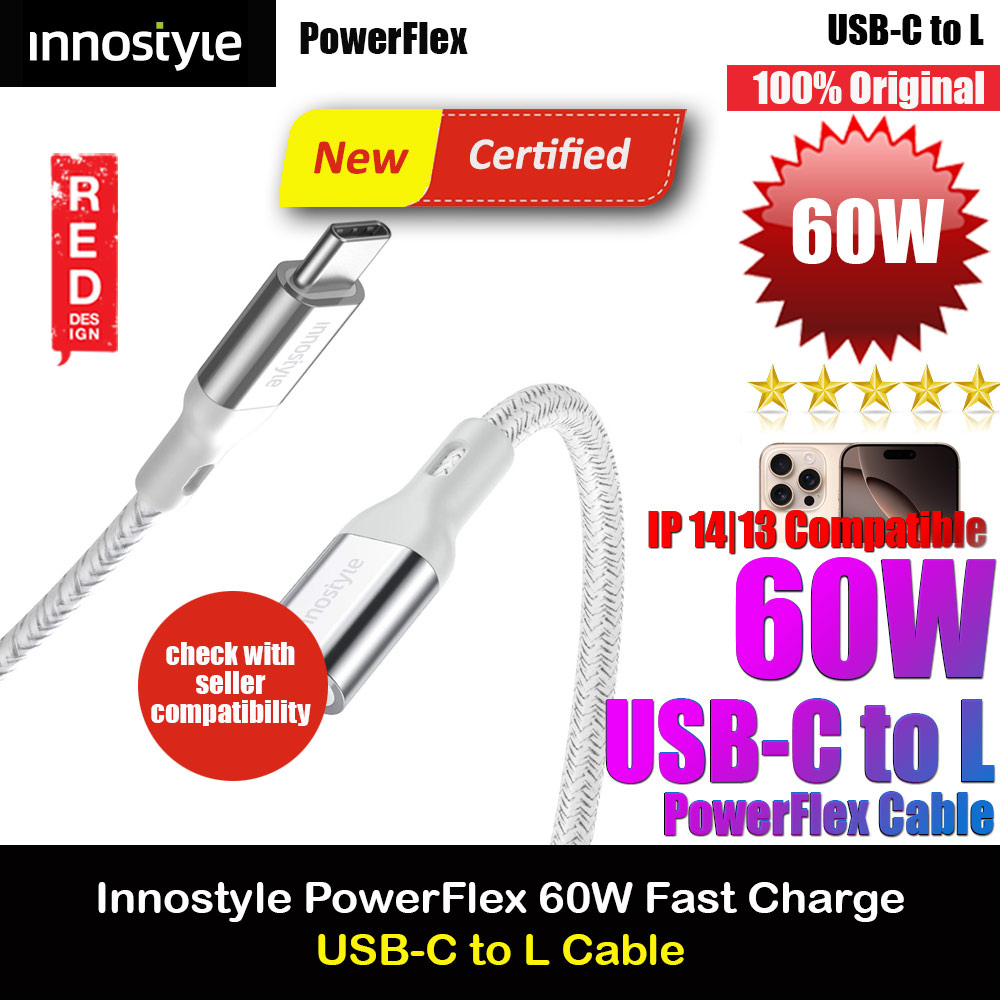 Innostyle MFI Certified PowerFlex 60W Fast Charging Data Cable USB-C to Lightning 150cm (Silver)