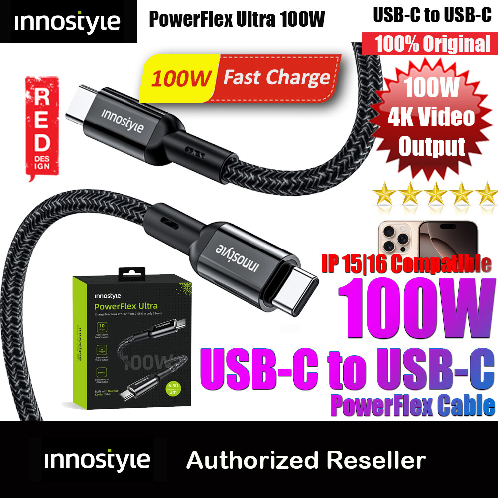 Innostyle PowerFlex Ultra 100W Fast Charging Data Cable 4K Video Support USB-C to USB-C 200cm (Black)