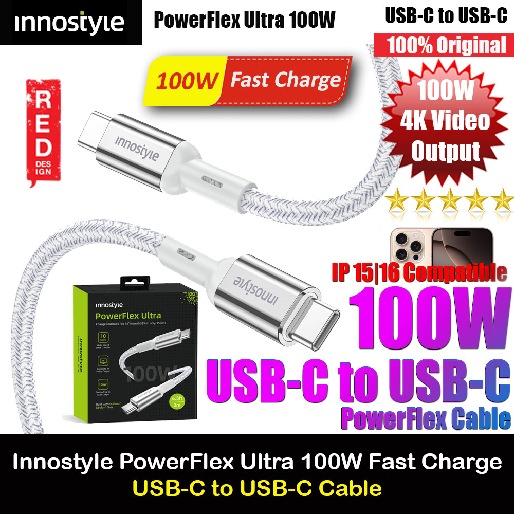 Innostyle PowerFlex Ultra 100W Fast Charging Data Cable 4K Video Support USB-C to USB-C 200cm (Silver)