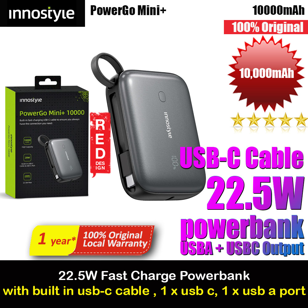 Innostyle PowerGo Mini Plus 10000mAh with USB-C input output USB-A Output Fast Charge PowerBank with USB-C Build in Cable  (Black)