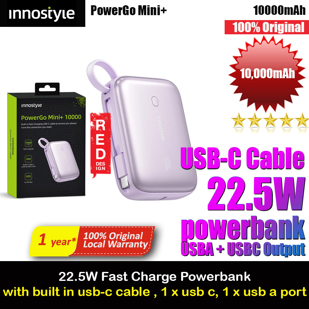 Innostyle PowerGo Mini Plus 10000mAh with USB-C input output USB-A Output Fast Charge PowerBank with USB-C Build in Cable  (Lavender)