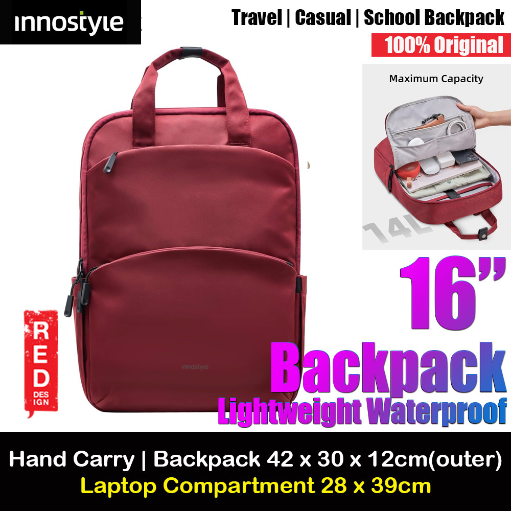 Innostyle ColorLite Series Lightweight Waterproof Hand Carry Travel Backpack for laptop up to 16" (Deep Red)