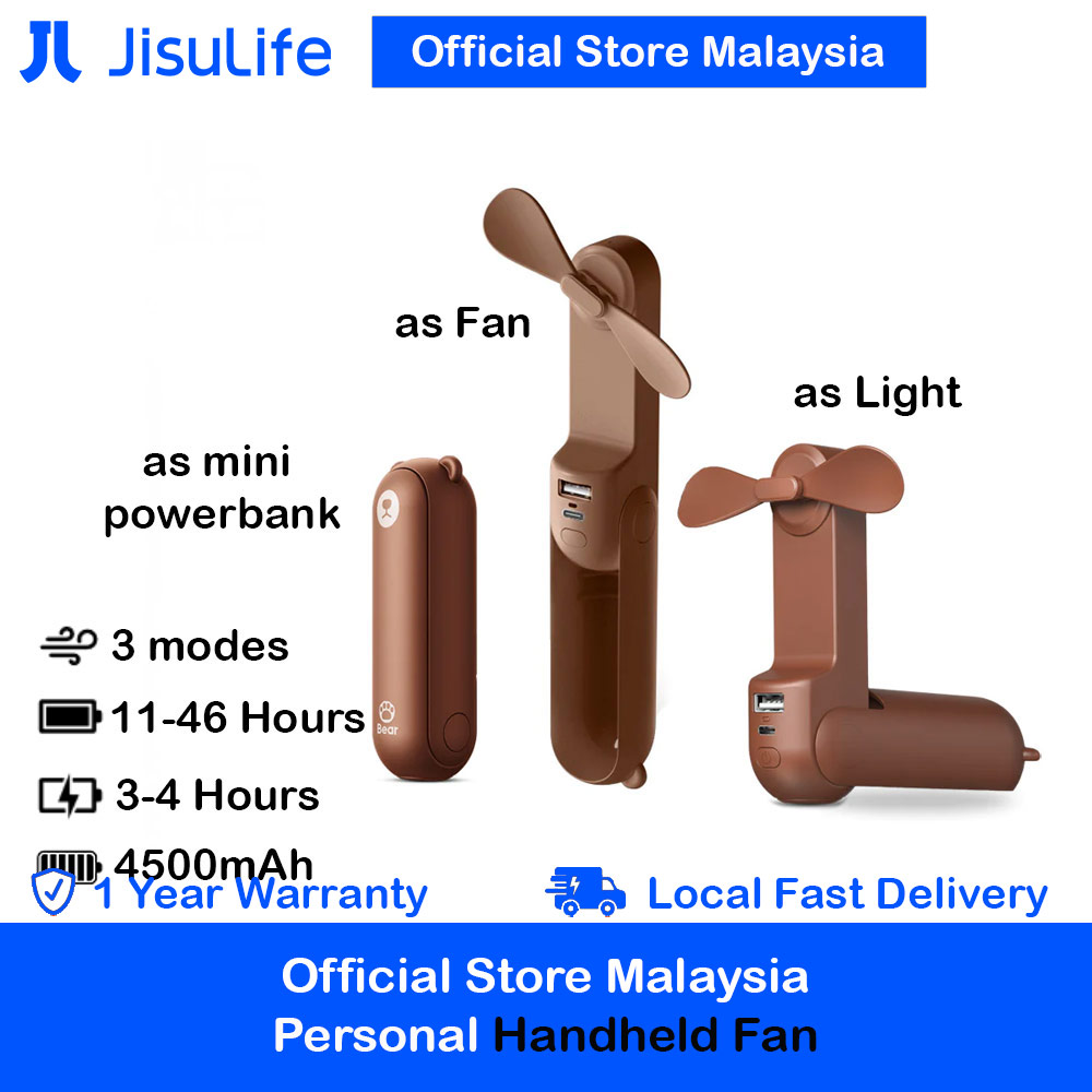 Jisulife Malaysia 3 in 1 Mini Handheld Fan USB Rechargeable Fan Power Bank with Flash Light for Office OutdoorTravel Hiking Camping  Concert Indoor Court F8X (Brown)