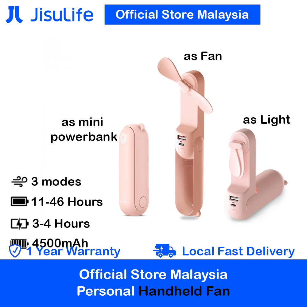 Jisulife Malaysia 3 in 1 Mini Handheld Fan USB Rechargeable Fan Power Bank with Flash Light for Office OutdoorTravel Hiking Camping  Concert Indoor Court F8X (Pink)