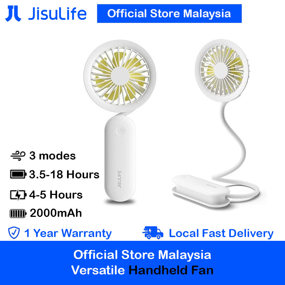 Jisulife Malaysia Versatile Handheld Mini Fan Portable Rechargeable 2000mAh Hanging Handheld Mini Fan for Outdoor Indoor Badminton Court Concert Picnic Camping FA15 (White)