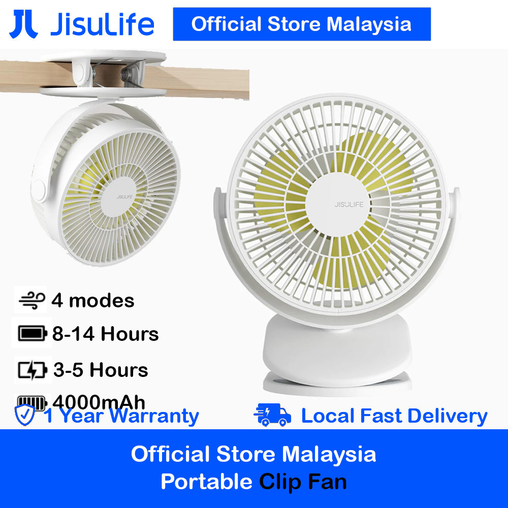 Jisulife Malaysia Child Safe Low Noise Removeable Washable 360 Rotatable 4 Speed Mode Desktop Hang Clip Fan Rechargeable 4000mAh For Home Office Outdoor Travel Portable Children Baby Stroller FA18S (White)