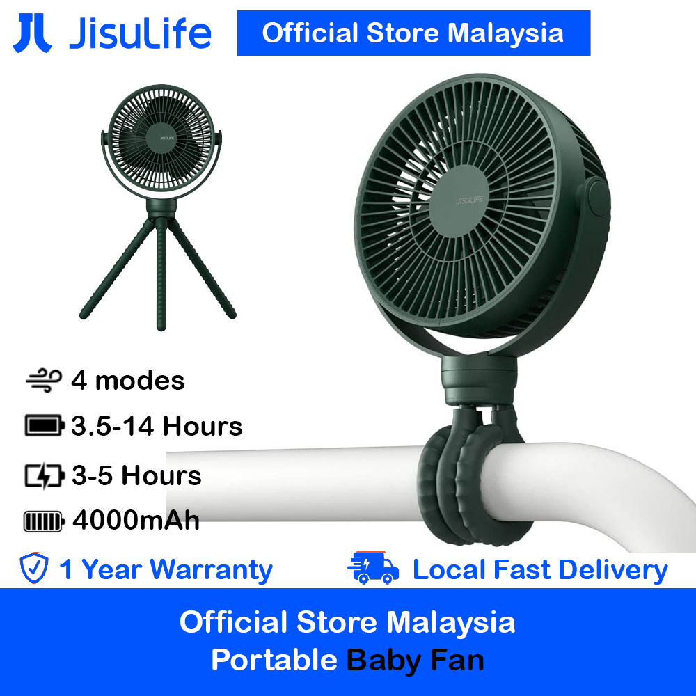 Jisulife Malaysia Child Baby Safe Low Noise Stroller Car Seat Rotatable Flexible Tripod Rechargeable Fan FA24 (Green)