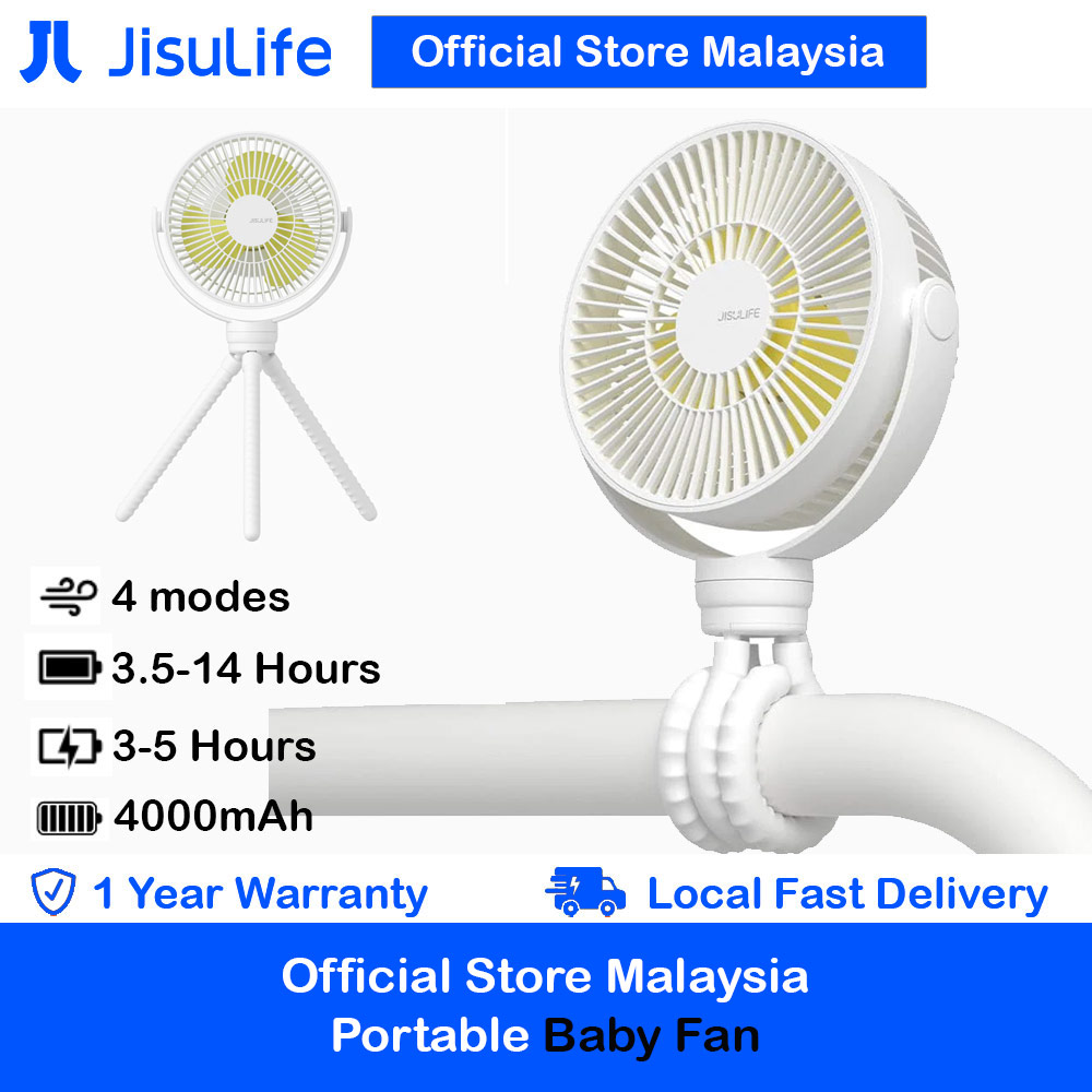 Jisulife Malaysia Child Baby Safe Low Noise Stroller Car Seat Rotatable Flexible Tripod Rechargeable Fan FA24  (White)