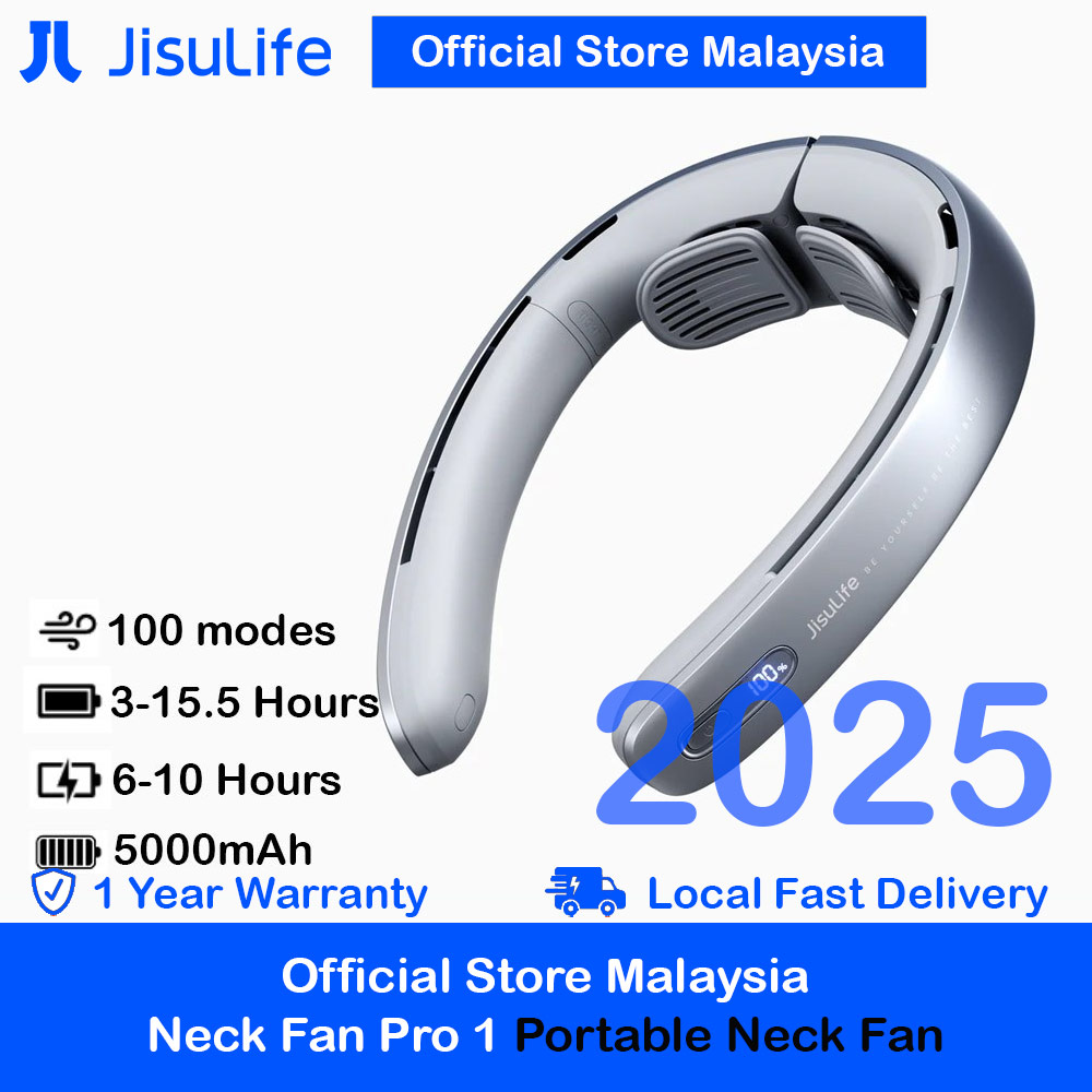 JISULIFE Malaysia Super Power High Speed Air Neck Cooler Portable Neck Fan Hands Free Bladeless Fan 5000mAh Battery Operated Wearable Personal Fan Leafless Rechargeable Headphone Design 100 Speed Neck Fan FA45 (Silver Grey)
