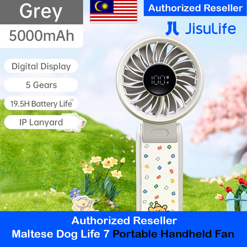 Jisulife Maltese Dog Series Malaysia 3 in 1 Handheld Fan Life7 Powerful Portable Fan with LED Display Foldable as Desk Fan Hangable as Neck Fan (5000mAh Light Grey)