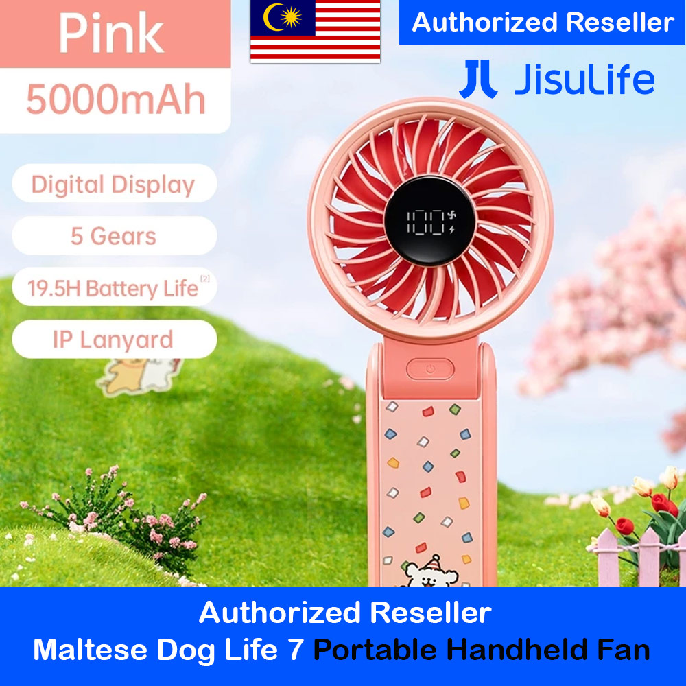 Jisulife Maltese Dog Series Malaysia 3 in 1 Handheld Fan Life7 Powerful Portable Fan with LED Display Foldable as Desk Fan Hangable as Neck Fan (5000mAh Pink)