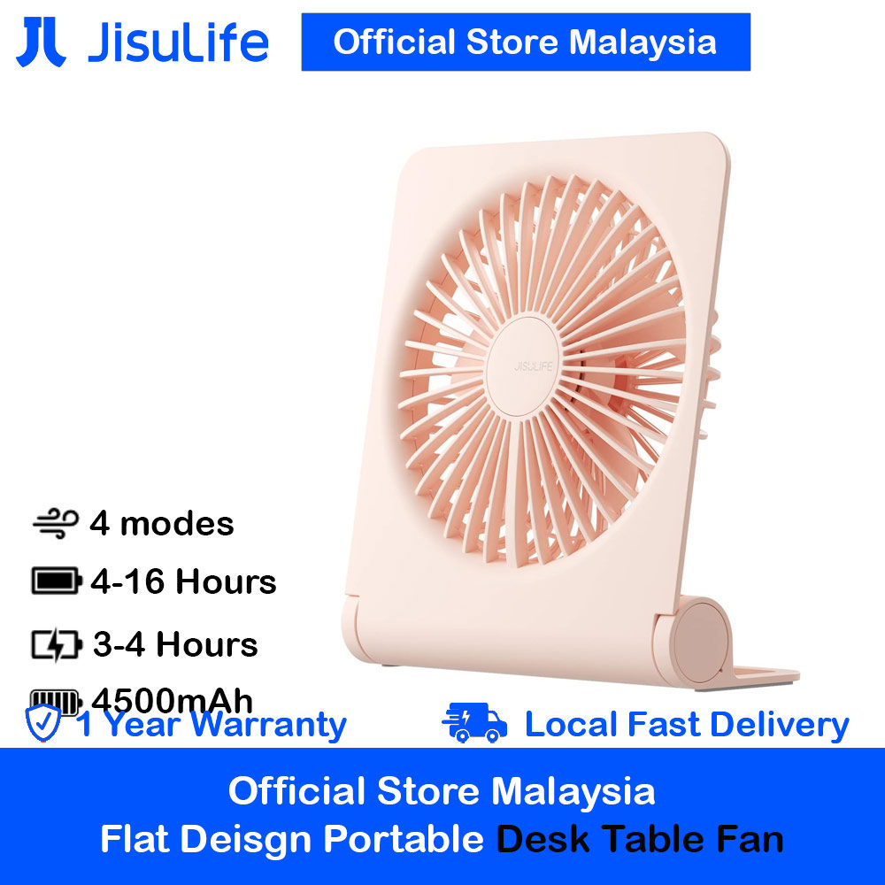Jisulife Malaysia Ultra Slim Table Fan Lite Strong Air Flow 4 Speed Wind Portable Rechargeable 4500mAh Desktop Fan For Home Office Outdoor Travel (Pink)